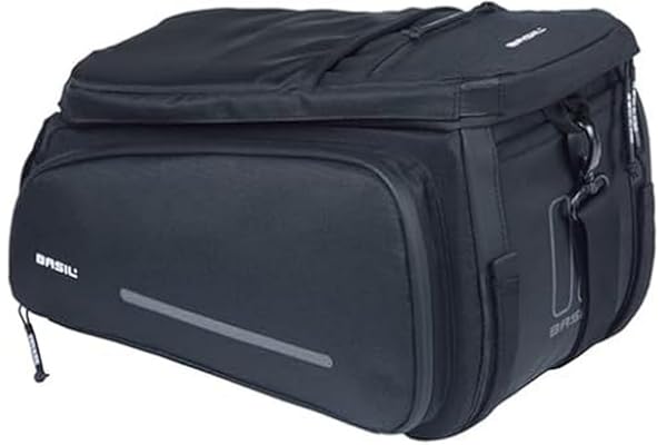 Basil Move bagagehållarväska – 10–26 l, svart, vattenavvisande, tillverkad av återvunnen polyester, kompatibel med MIK & Racktime-adapterplattor, perfekt för pendling och shopping