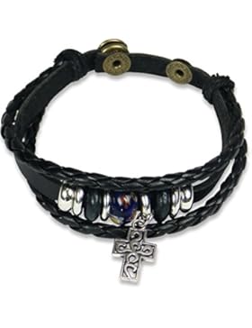 °° Mehrreihiges Leder-Armband Kreuz / Perlen, variabel verstellbar