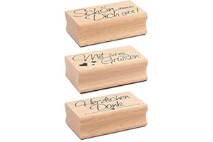 ‎IDEEN MIT HERZ Ideen mit Herz Stempel-Set | 3 Holzstempel mit Sprüchen | je 6,5cm x 4cm x 2,2cm | ideal für Hochzeit, Glückwünsche, Einladungen (Schön, dass es Dich gibt | Mit lieben Grüßen | Herzlichen Dank)