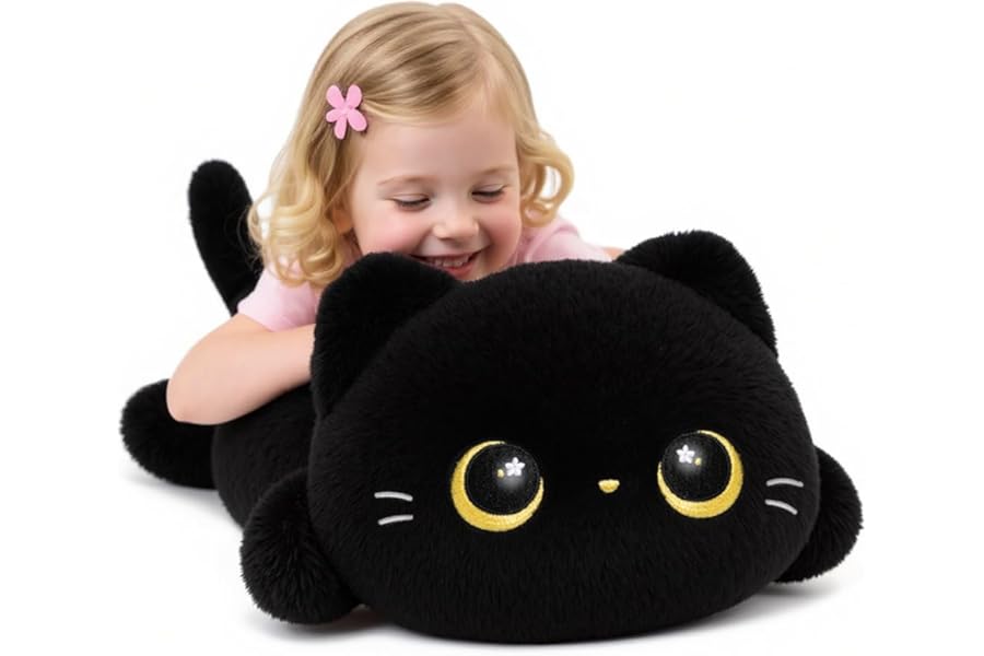 Mewaii Cute Black Cat Plush Pillow, Kawaii Plushies Black Cat Stuffed Animals, Squishy Plushies, Cuddle Plush Pillow for Kids & Girls (20 Inch)
