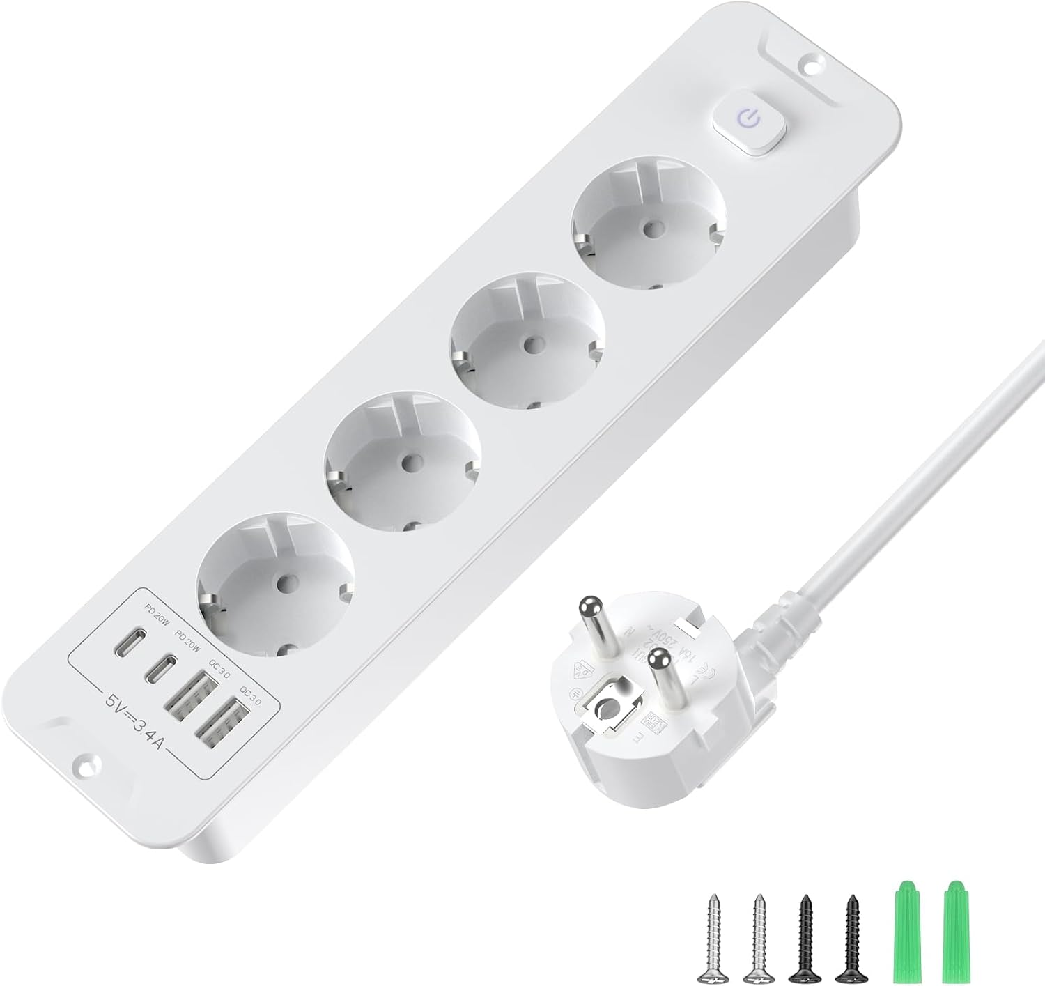 Toma de Empotrar Corriente con 2 USB y 2 Type-C, 4 Tomas Enchufes Multiple Empotrada de Sobremesa con Interruptor, Regleta de Enchufes Empotrada con Cable de 2M para Muebles de Encimera, Blanco