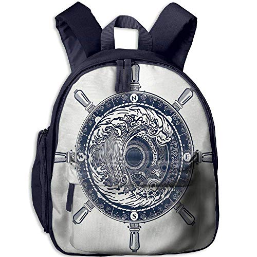 Children Boys&Girls Backpack with Pocket Adventure Sea Compass and Storm Tattoo Design in Celtic Style Tsunami Waves and Wheel Decorative Dark Blue White