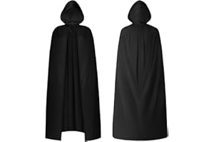 AOOWU Schwarzer Umhang, Mittelalter Umhang Kapuzenumhang, Vampir Umhang mit Kapuze, für Erwachsene, für Halloween Weihnachten Karneval Kostüm Einseitig(170CM)
