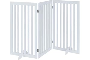 unipaws Freestanding Tall Dog Gate, Foldable Pet Fence, Indoor Wood Barrier, Assembly Free Stair Gate with 2PCS Support Feet (91cm H, 3Panels, White)