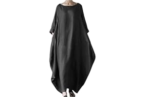 ZEIAYUAS Cotton Linen Dress Maxi Kaftan Dresses for Women UK Plus Size 3/4 Sleeve Long Dress Baggy Casual Summer Shirt Dresses Boho Beach Party Sundress Plain Basic Tunic Dress Office Work