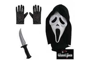 A2ZFD Official Scream/Ghost Face® Adult Mask with Hood & Horror Knife Set + Black Gloves : Mens Womens Halloween Horror Film Fancy Dress Accessory Set