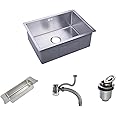 Inset/Undermount Stainless Steel Kitchen Sink Deep Square Single Bowl with Strainer Drain, Silver (52x42cm)