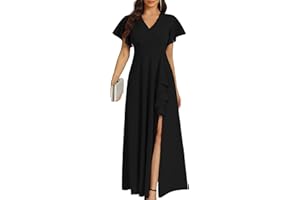 COOAN Frauen Schwarz Lang Formelle Kleider Cocktail Hochzeit Gastkleider Rüschen Teilung Elegant V Hals Party Kleider