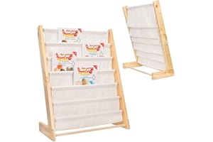 Sherwood Store Libreria montessoriana legno per bambini con tasche di facile accesso in morbido tessuto in cotone, porta libri in legno naturale, scaffale librerie bambino, 62,5 × 30 × 79 m