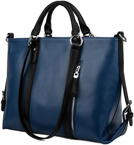Big Sale 70% Off - Yaluxe 100% Full Leather Women's 3-Way Laptop Office Work Tote Handbag Shoulder Bags (Blue&Black)