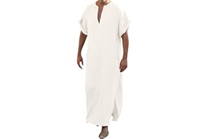 ZYPAINIY Djellaba Homme Marocaine Priere Islamique Uni Col V à Manches Courtes Qamis Homme Musulman Grande Taille Kamis Jelaba Homme Musulman Kaftan Jalabiya Abaya Homme Caftan Homme Fendue Ourlet