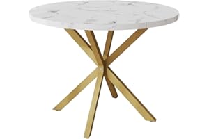 GrandCA HOME Mesa de Comedor Redonda con Tapa Moderna con Efecto Mármol, Mesa de Comedor de Cocina con Cuatro Patas de Metal, para Comedor, Sala de Estar,Blanco+GDL