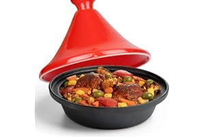 VINTAGE GOURMET VG ® Tagine Moroccan Cast Iron Pot 30cm Diameter, Casserole One-Pot Tagine Slow Cooking, Red Enameled Ceramic Conical Lid locks in steam and continuously Bastes 500 F Oven Safe Induction 21cm Height