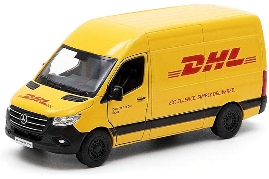 D.A.Y. Republic Official Licensed Mercedes Benz Sprinter Yellow Panel Van - 1:48 Scale, with Open and Close Doors, Metal Die Cast, Pull Back and Go, Action Toy Collectors Model (DHL Van)