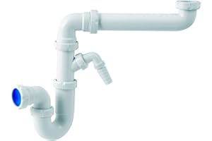 Jimten 06968 Sifón curvo desplazado con toma de electrodomestico, Blanco, Estándar