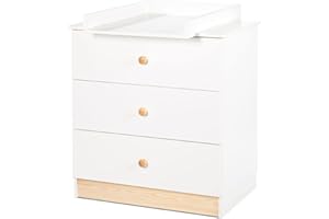 KLUPS WILLY Commode à langer 3 tiroirs avec plan à langer amovible Blanc/Bois