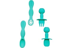 Silicone Self Feeding Baby Utensils 6-12 Months, Babies First Spoons, 3 Baby Spoon, 1 Baby Fork, Toddler Cutlery Set Bojiwavawd (Sky Blue)