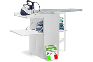 Shally Dogan Mobile Asse da Stiro a Scomparsa Salvaspazio Richiudibile, Mobiletto Pieghevole Telaio in Legno per Stiratura Veloce, 4 Ruote per Spostamento, Ideale Lavanderia, Bagno (Bianco Frassinato)