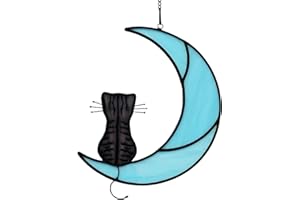 YEYERT Cat on Moon Stained Windows Hanging Suncatcher,Cute Cat Moon Stained Glass Suncatchers Window Ornament Stained Glass Panel Sun Catcher Wall Hanging Decor Birthday Gifts (black cat)
