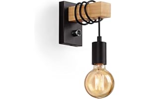 Ahageek Wall Lamp Indoor, Dimmable Wall Light with Dimmer Switch Vintage Industrial Wood Wall Sconces E27 Base Wooden Wall Lamp for Living Room Kitchen Bedroom(Without Metal Cage)