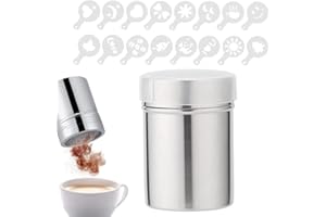 PUBIAO Tamis à farine et sucre en acier inoxydable avec couvercle en maille - Shaker à poudre au chocolat - 16 pochoirs pour cacao, café, barista, cannelle