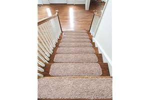 emmahome Soft Shaggy Carpet Stair Treads/Mats/Rugs NON-SLIP MACHINE WASHABLE, 30mm Thickness, 20x55cm (13pc in Box, Beige)