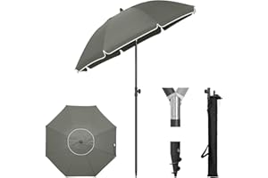 Laneetal Parasol de Plage Ø135/155/175cm, Imperméable, Anti-UV UPF 50+, Toile Inclinable, Hauteur Réglable, Rond Anti-Vent, Gris Foncé/Beige