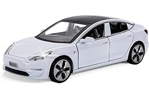 MODVKVK Tesla Model 3 1:32 Modellino Macchinina con Luce e Musica, Funzione Pull-Back, Lega Pressofusa, Ideale per Bambini dai 3 anni e Collezionisti (Bianco)