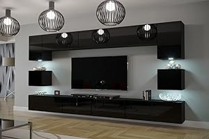 Furnitech Wohnwand Wohnzimmer Möbel (Schwarz) mit LED RGB - 16 Farben - Hängend Wohnzimmerwand Modern - Schrankwand mit Regale und TV Schrank (Nowara AN1-17B-HG20 1C)