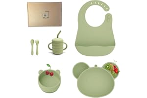 MH MEDITERRANEANHABITAT Set Pappa Svezzamento Bambini, piatto svezzamento con ventosa per bambini, Tazza da Bere,+ Cucchiaio e bavaglino in silicone - Set Svezzamento prima pappa - Senza BPA (Verde)