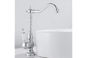 KEYOHOME Mitigeur lavabo retro poignées en céramique pivotant à 360°, Robinet cuisine antique en laiton chromé avec bec haut, Robinet chaud et froid pour salle de bain (Chrome)