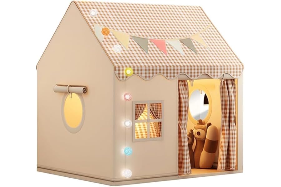 Kids Tent Playhouse with Star Lights and Tote Bags, Kids Play Tent Indoor & Outdoor, Washable Teepee Tent for Boys & Girls, Toy House for Toddler, Neutral Color Play Room Furniture (Beige-1)