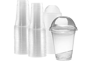 FR ENTERPRISES Strong Plastic Smoothie Cups With Dome Lids - 100 Pack 12oz (355ml) Milkshake Disposable Cups - Great for Iced Tea, Coffee, or Any Cold Drinks - Reusable Clear