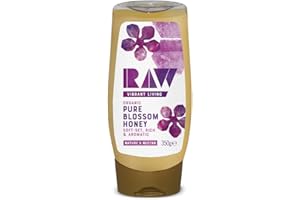 RAW VIBRANT LIVING Raw Organics Pure Blossom Cold Pressed Honey 350g - Soft-Set, Runny Honey in Squeezy Bottle - Cold-Extracted & Certified Organic - Raw, Unpasteurized, & Unfiltered - Vegetarian