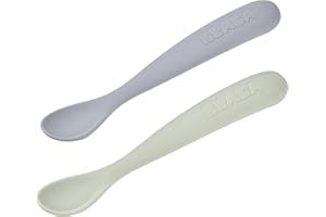BÉABA, Lot de 2 Cuillères en Silicone Bébé/Enfant 1er Âge - Dès 4 mois, Souple - Bout arrondi - Manche long et Ergonomique, Boite de transport - Finition Anti Poussière - Galet/Vert de gris