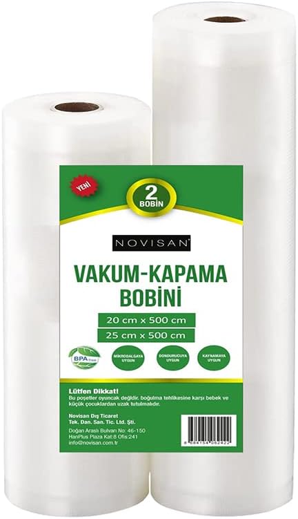 Novisan 10 Metre (1 Adet 20cm X 5 Metre ve 1 Adet 25cm X 5 Metre ) Gofrajlı Tırtıklı Rulo Vakum Poşeti 2'li Bobin Vakumlama folyosu, vakumlu rulo, folyo rulosu, BPA içermez, tüm vakumlama makineleri için, yırtılmaz, kaynatılabilir, tekrar kullanılabilir, vakumlu torba, 2 rulo
