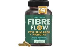 Psyllium Husk Fibre Flow Supplement with Probiotics | 120 Vegan Capsules | Daily Gut, Digestive & Heart Health Support | Natural Stool Fibre Boost HERA Vitality