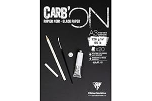 Clairefontaine 975040C Bloc Encollé Carb'ON - 20 Feuilles Papier Dessin Noir A3 29,7x42 cm 120g - Idéal pour le Dessin et le Croquis au Crayon ou au Marqueur Blanc