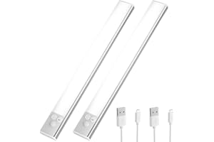 OUSFOT Oświetlenie szafki LED z czujnikiem ruchu, 30 cm, 2 sztuki, bezprzewodowa, ładowana przez USB, oświetlenie podszafki, oświetlenie szafy, na schody, do sypialni, szafa na ubrania, srebrna