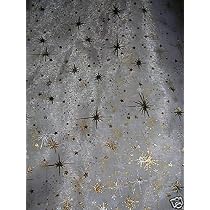 Tissu Organza étoiles Noël - Motif Vert Sapin, Or Et Argent - 150 Cm De Large - Pour Chemin De Table Et Déco