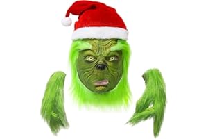 SINSEN Weihnachten Grinch Maske Erwachsene Flauschige Handschuhe Monster Latex Vollkopfmaske Weihnachts Halloween Karneval Cosplay Kostüm Maske