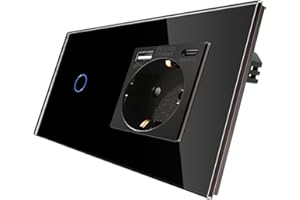 CNBINGO Touch Lichtschalter mit Schuko Steckdose mit USB Ports (Typ-C und Typ-A 3,1 Amp total) - USB Steckdose unterputz - Glas Wandschalter einfach in Schwarz - mit Status-LED - 500W/Fach