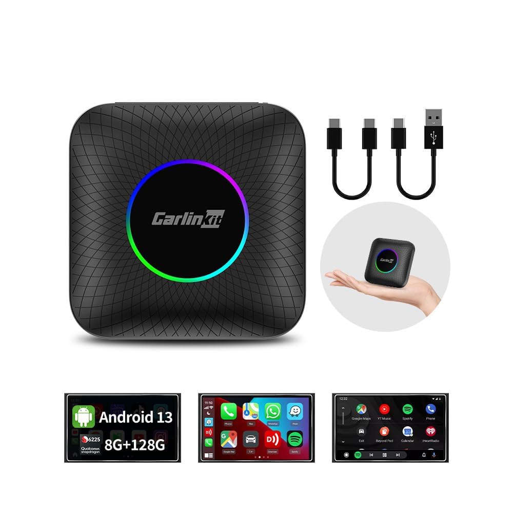 CARLINKIT Newest Android 13.0 Ai Box LED, 8+128GB with Qualcomm 8-cores, 3-in-1 Wireless CarPlay/Android Auto Comes with Play Store, Streaming Video, Only for The Vehicle with Wired CarPlay