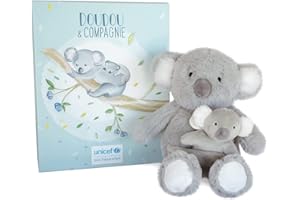 DOUDOU ET COMPAGNIE - Peluche Koala Avec Son Bébé - 25 cm - Couleur Gris - Collection Unicef - Douceur Exceptionnelle - Avec Boite Cadeau - Idée Cadeau Bébé Naissance - Garantie Doudou Perdu - DC3791