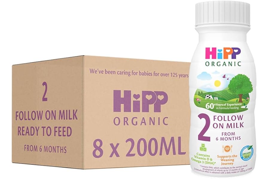 HiPP Organic 2 Follow on Baby Milk Ready to feed liquid formula, From 6 months 200ml (Pack of 8)