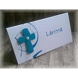 Tischkarte Namenskarte Kommunion Konfirmation Firmung Taufe Kreuz petrol dunkel türkis