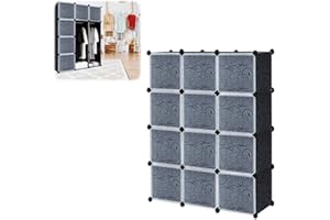YUENFONG Kleiderschrank Regalsystem aus 12 Würfeln PP Material, Garderobenschrank mit Türen Tragbarer Steckregalsystem, für bücher Kleidung Spielzeug(Schwarz)