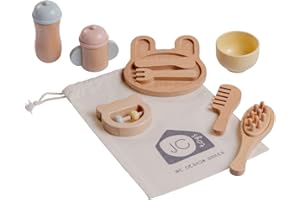 JC Toys - Set di 10 pezzi, set di legno, accessori per l'igiene e l'alimentazione per i bambini, giochi di simulazione, include borsa per riporre, ideale come regalo, + 3 anni