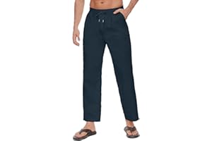 CheChury Pantalon Lino Hombre Verano Largo Pantalones Casual Bolsillos Laterales Cintura Elástica con Cordón Playa Yoga Pantalon Anchos Ligeros Pantalones de Lino para Hombre para la Playa