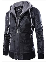 Sawadikaa Hombre Chaqueta De Moto Chaqueta Cazadora Imitación De PU Piel Abrigo Cortavientos Chaqueta con Capucha
